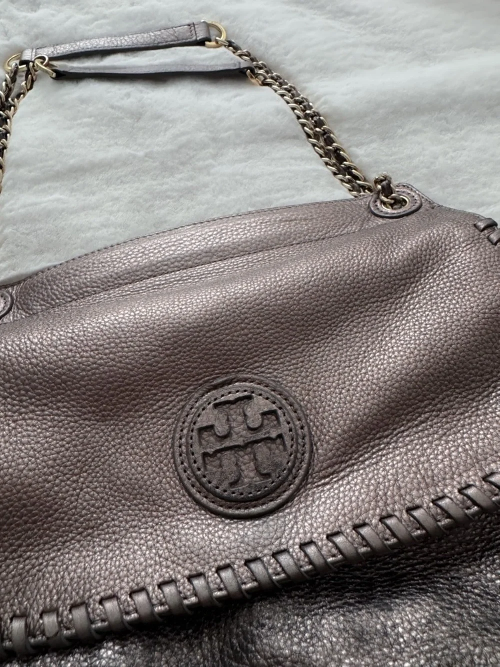Tory Burch Marion Whipstitch Leather Saddle Bag Metallic Pewter